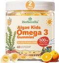 キッズオメガ3グミー2パック、Vegan Algae DHA 420mgとPS、ビタミンD3 K2、砂糖無料、魚油なし、子供のための脳&フォーカスサポート、120グミー