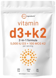 マイクロ成分 ビタミンD3 5,000 IU + K2 MK-7 100 mcg、180 Softgels | 2-in-1フォーミュラ | 飲みやすい、非GMO