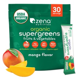 Zena 栄養の有機性極度の緑の粉、70+ のスーパーフード、0 砂糖、3G 繊維、Spirulina、Chlorella、きのこの、プレバイオティクス/プロバイオティクス、Gut の健康、マンゴー、30 飲み物の組合せのパケットのための消化酵素