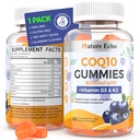 Nature Echo® CoQ10グミー100mg、CoQ10サプリメントビタミンD3&K2、Coenzyme Q10サプリメントブルーベリー風味、砂糖無料、心の健康、骨サポート&抗酸化剤、ビーガン、非GMO 60グミー