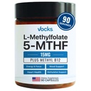 Vocks L Methylfolate 15mg 5-MTHF + メチルB12 | 高効力メチル化サプリメント | 活性メチル化葉酸ビタミンB9 | MTHFRサプリメント| 女性と男性のための葉酸サプリメント | 90カプセル