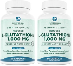 PurePremium Reduced Glutathione 1000mg Per Serving - 500mg Per Capsule – L-Glutathione Supplement & Antioxidant Support for Normal Liver, Brain, Skin & Heart Health – 90 Capsules (Pack of 2)