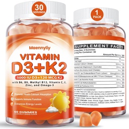 大人のためのビタミンD3 K2のグミ -ビタミンD3 5000IU + K2 (MK-7) 120mcg - Omega-3、メチルB12、B9、B6、ビタミンE及び亜鉛-カルシウム吸収及び免疫の健康のための砂糖なしD3およびK2の補足