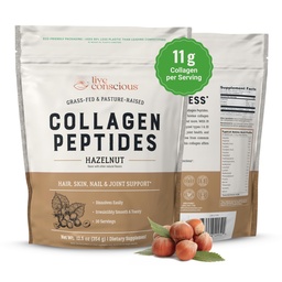 Live Conscious Collagen Peptides Powder - Hazelnut Flavored Collagen Powder - Hair, Skin, Nail, & Joint Support - Type I & III Grass-Fed Collagen Supplements for Women and Men - 30 Serving - 12.4oz