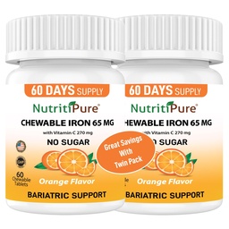 Carbonyl Iron 65mg Chewable Tablets with 270mg Vitamin C – Gentle, Non-Constipating Iron Supplement for Women & Men – Bariatric Friendly – Sugar Free – 2 x 60 Count (120 Day Supply)