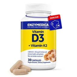 Enzymedica Vitamin D3 and K2 Supplement Caps for Men & Women - VIT D3 5000 IU & VIT K2 MK-7 90 mcg, Immune & Bone Health Support, Features Shitake Mushrooms & Prebiotic Fiber, Vegan - 30 Capsules