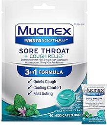 Mucinex InstaSoothe Sore Throat + 咳救済アルパインハーブ & ミント風味, 速い演技, 冷却快適, 強力な痛みの口腔痛みを回復, 40 薬用ドロップ