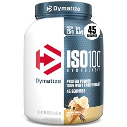 Dymatize ISO100の乳白色蛋白質の粉の隔離剤、バニラ、蛋白質の25g、3ポンド、5.5g BCAAsのより少し120 Cal。、グルテンフリー、1g脂肪、1g砂糖、2g Carb (45のサービング)