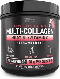 プレミアムマルチコラーゲンペプチドプロテインパウダー(1, 2, 3, 5 & 10) ビタミンC、Biotin、Hyaluronic酸、ヘアスキンとネイル用 - マリン、ボブイン、チキン&エッグシェル(イチゴ、45サービング)
