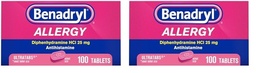 Benadryl Ultratabs Allergy Medicine,25 mg Diphenhydramine HCl Antihistamine Tablets for Cold & Allergy Relief of Symptoms Like Sneezing,Runny Nose,Itchy Eyes & Throat,Hay Fever,100 Count (Pack of 2)