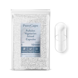 PureCaps USA - Empty Vegetarian Vegan Pullulan Pill Capsules Size 1 | 10,000 Joined Pills| Clear| Non-GMO Certified | SLS, Gluten, Preservative Free