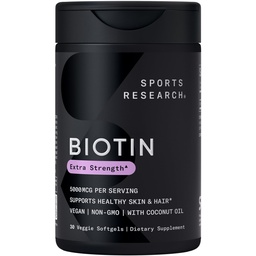 スポーツリサーチ® ビオチン 5,000mcg オーガニックココナッツオイル - ビオチン(ビタミンB7) ヘルシー肌と髪のサポート* - ヴィーガン、非GMO、グルテンフリー - 30 Veggie Softgels