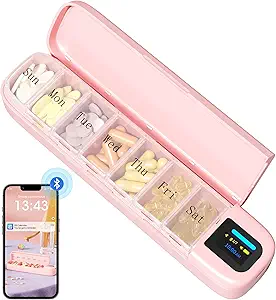 Daviky自動丸薬ディスペンサー、警報が付いているスマートな丸薬のオルガナイザー、APPの丸薬箱7日、週刊旅行丸薬の場合、薬、補足およびビタミン(ピンク)のための携帯用丸薬のレマインダー