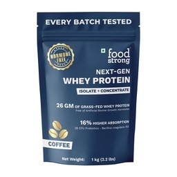 Foodstrong Next-Gen Whey Protein Isolate + Concentrate, 100% Hormone Free Grass-Fed Whey, 26G Protein, Coffee, With Turmeric, Probiotics & Natural Digestive Enzymes For Easy Digestion, 1KG
