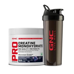 GNC Pro Performance Creatine Monohydrate WIth Black Shaker - 3000mg Creatine Per Scoop | Micronized for Faster Absorption | Boosts Energy, Muscle Volume & Performance | Gluten-Free | Blueberry | 250gm