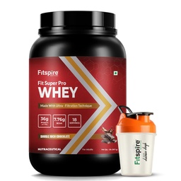 Fitspire Fit Super Pro Whey Protein Powder, Double Rich Chocolate, With Shaker | Whey Isolate & Concentrate Blend | 36g Protein per 100g | Enzymes & Probiotics | Supports Muscle Growth & Recovery | No Added Sugar