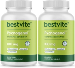 BESTVITE Pycnogenol 100mg (120カプセル) (60x2) - フランスのマリタイムパインバーク抽出物 - いいえステアレート - グルテンフリー - 非GMO