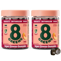 8Greens Supergreens Gummies | メタボリズム、免疫&フォーカス、消化の健康酵素、有機: クロレラ、スピルリナ、アロエベラ、ピーチ風味、100カウント