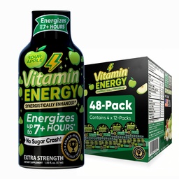 ビタミンエネルギーワークアウト + 余分な強度エネルギーショットサワーアップル 48 パック, 260 mg 自然カフェイン, プレワークアウト, B ビタミン, ミネラル, 持久力 & パフォーマンス, ゼロ砂糖, グルテンフリー, 完全菜食主義者の, 1.93 fl oz