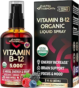 USDAの有機性ビタミンB12のSublingualスプレー-女性及び人のための5000のmcgの液体のビーガンMethylcobalamin - エネルギー ブースト、焦点及び気分、頭脳の健康サポート-吸収を最大にして下さい- 2か月の供給、2つのflのoz