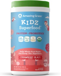 驚くべき草Kidzスーパーフード: ビーガンタンパク質 & ビートルートパウダーと子供のためのプロバイオティクス & 1/2 リーフグリーンのカップ, イチゴブラスト, 15 サービング
