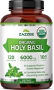 Zazzee USDA Organic Holy Basil 10:1 Extract, 6000 mg Strength, 120 Vegan Capsules, Concentrated and Standardized 10X Tulsi Extract, Ursolic Acid, 100% Certified Organic, Non-GMO