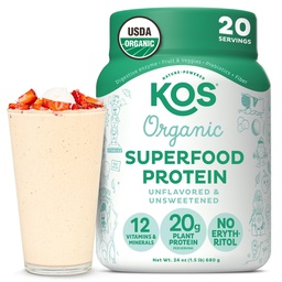 KOSビーガンプロテインパウダー、アンフレーバー&Unsweetened - 低炭水化物ピーアプロテインブレンド、ビタミン&ミネラルの有機スーパーフードリッチ - Keto、大豆、乳製品無料 - 女性&男性のための食事の交換 - 20のサービング