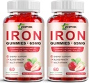 Iron Supplement Gummies for Women, Men & Kids, 65mg Iron & 250mg Vitamin C per Serving - Healthy Blood, Energy & Immune Support Iron Vitamin Gummy with Folate, 2 Pack