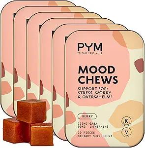 PYM Berry Mood Chews Stress、Worry & Overwhelm、120 カウント | 130mg GABA、90mg L-テアニン | ビーガン、非GMO、グルテンフリー、砂糖なし | 米国製オールナチュラルムードバランスサプリメント