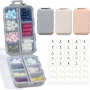 LANDNEOO 14 Grids Pill Organizer Box with Labels, Travel Medication Holder Dispenser Case Kit, Pocket Daily Pharmacy Container for Fish Oil Vitamin Supplement Storage, Khaki Pink Grey, 3 Pack