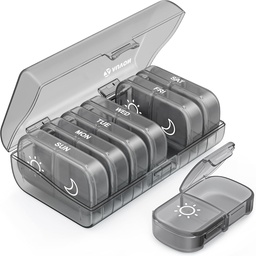 AUVON XL Weekly Pill Organizer 2 日、Pill Box 7 Day with One-Side Large Openings for Easy to use、Gray AM PM Pill Case for Medication、ビタミン、魚油、サプリメント
