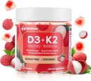 Vitamin D3 K2 Gummies w/Magnesium Sugar Free - 60 Count | D3 Vitamin 5,000 IU + K2(MK-7) 100 mcg - Vegan K2 D3 Vitamin Supplement, Highly Absorbent Supports Bone, Muscle, Mood & Immune(Lychee Flavor)