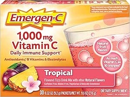 Emergen-C 1000mgビタミンCパウダー、抗酸化剤、ビタミンB、電解液、ビタミンCサプリメント免疫サポート、カフェインフリーフィジードリンクミックス、トロピカルフレーバー - 30カウント/1ヶ月の供給