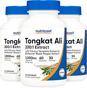 Nutricost トンカット アリ 1,000 mg, 60 キャップ (3 ボトル) - 30 サービング, Veggie キャップ, 非GMO, グルテンフリー, ポテト エキス