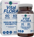 Vital Planet - Vital Flora Immune Support Probiotic, 60 Billion CFU, Diverse Strains, Organic Mushroom Supplement Blend with Prebiotics, Digestive Health Probiotics for Women and Men 30 Capsules