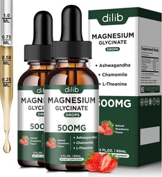 マグネシウムのGlycinateの液体の低下の補足、マグネシウムのGlycinate 500mg Ashwagandha、L - Theanine、Chamomile -サポート圧力救助、骨、筋肉、気分のいちごの味2Pack
