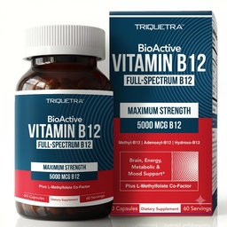 BioActiveビタミンB12 - 5000のmcgは、3つのBioActiveの形態B12プラスのMethylfolateのコファクタ-メチルB12、Adenosyl B12及びHydroxy B12を含んでいます サポート エネルギー、Metabolism及び気分 | ビーガン、非GMO (60のサービング)