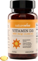 NatureWiseビタミンD3 10,000IU (250 mcg) 30日の供給 - 健康な免疫サポート&筋肉機能、非GMO、有機エキストラバージンオリーブオイルでグルテンフリー、(ミニSoftgel)、30カウント