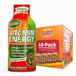 ビタミン エネルギー 免疫+ 余分強さ エネルギー ショット フルーツ パンチ 48 パック、260mg 自然なカフェイン、B ビタミン、シチコリン、緑茶、免除及び焦点サポート、ゼロ砂糖、グルテンフリー 1.93 の fl oz