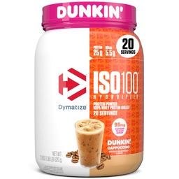Dymatize x Dunkin' Cappuccino ISO100の乳白色蛋白質の粉、95mgカフェイン、蛋白質5.5g BCAAsの25g、120 Cal。、グルテンフリー、1g脂肪、1g砂糖、2gカラブ(20のサービング)