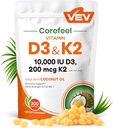 VEV Corefeel Vitamin D3 K2 10,000 IU, 200 mcg MK-7, 300 Coconut Oil Softgels, 2 in 1 Vitamins Supplement D & K (Include MK7), Easy to Swallow, Supports Calcium Absorption, Bone Health
