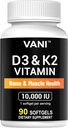VANI Vitamins D3 (10000iu/250mcg) + K2 (as Mk7), for Bone & Muscle & Teeth Health, 90 SOFTGELS