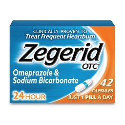 ゼジェリドOTC、24時間ハートバーンリリーフ、酸リフラックス薬およびアントエイド、Frequent Heartburn、Omeprazole 20mg +重炭酸ナトリウム、プロトンポンプ阻害剤(PPI)、42カプセル