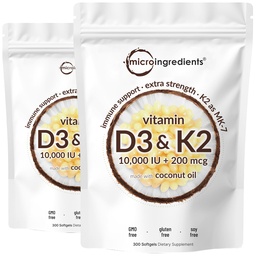 2パックビタミンD3 10000 iu Plus K2(MK-7)200mcg、300バージンココナッツオイルSoftgels | 2 in 1ビタミンD&Kコンプレックス | カルシウム吸収、骨、免疫、および心臓の健康をサポート