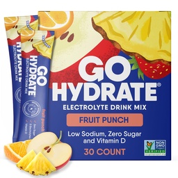 GoHydrateの即刻の加水の粉のパケット-低いナトリウムの電解物飲み物の組合せ-自然な水和サポート、砂糖のビタミンD、30のパック、フルーツの穿孔器が付いている自由な電解物の風味がある粉の飲み物