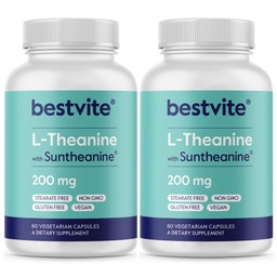 BESTVITEダブル強度サンテアニンL-テアニン200mg - 特許取得済み&臨床的にスタディ - 120ベジタリアンカプセル(2 x 60) - ビーガン - いいえステアレーツなし - 非GMO -グルテンフリー - リラックスサポート