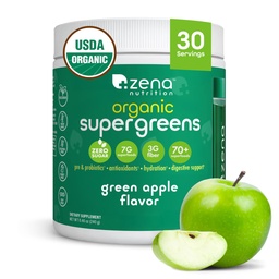 Zenaの栄養の有機性極度の緑の粉、70+のスーパーフード、0の砂糖、3G繊維、Spirulina、Chlorella、きのこの、プレバイオティクス/プロバイオティクス、Gutの健康、緑のApple、30のサービングのための消化酵素