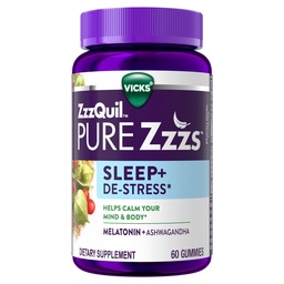 ZzzQuil PURE Zzzs De-Stress 2mg Melatonin Gummies、大人のための睡眠の援助、応力サポートのためのashwagandha、60のグミ