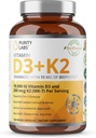 Purity Labs Vitamin D3 K2 10000 IU, (250mcg) D3 + 200mcg K2 MK7 - Immune Support Supplement Enhanced with Bioperine - Supplements for Daily Defense, Bone, Muscle & Skin Health - 120 Capsules